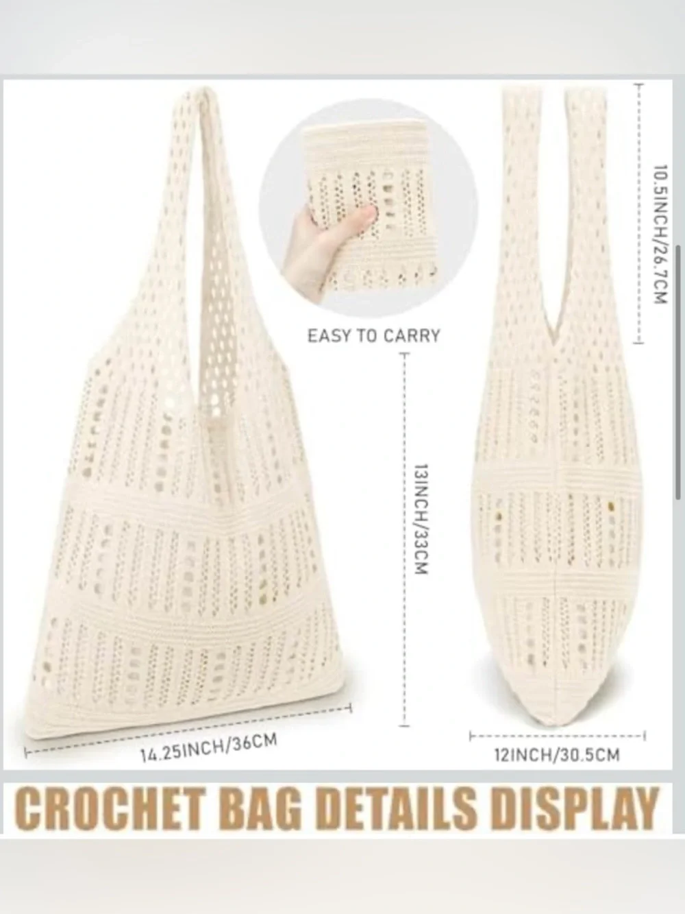 NEW Crocheted Beach Tote Tan Reusable Shopping Bag, Hobo Festival Bag
